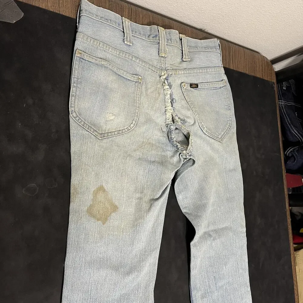 Vintage Lee Jeans Zombie Distress Mens 32x29 Denim Flare 60s Thrashed USA 1970s